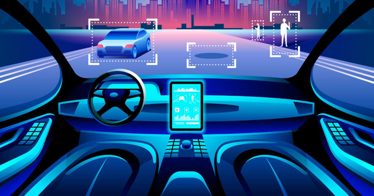 The interior of a futuristic automotive car is shown.